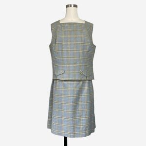 Vintage 90s Hannah Hardy Blue yellow plaid linen top and skirt set mod twee L
